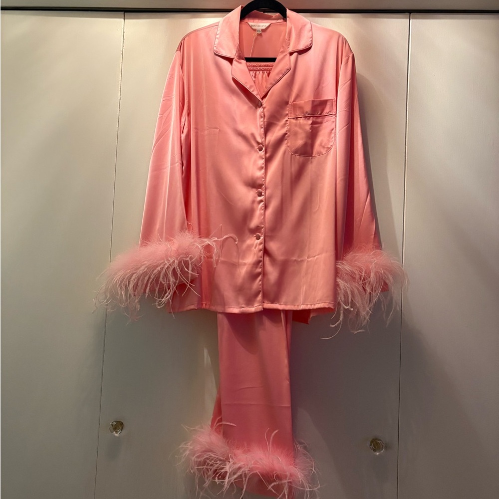 Luxurious Pink Feather-Trimmed Pajama Set